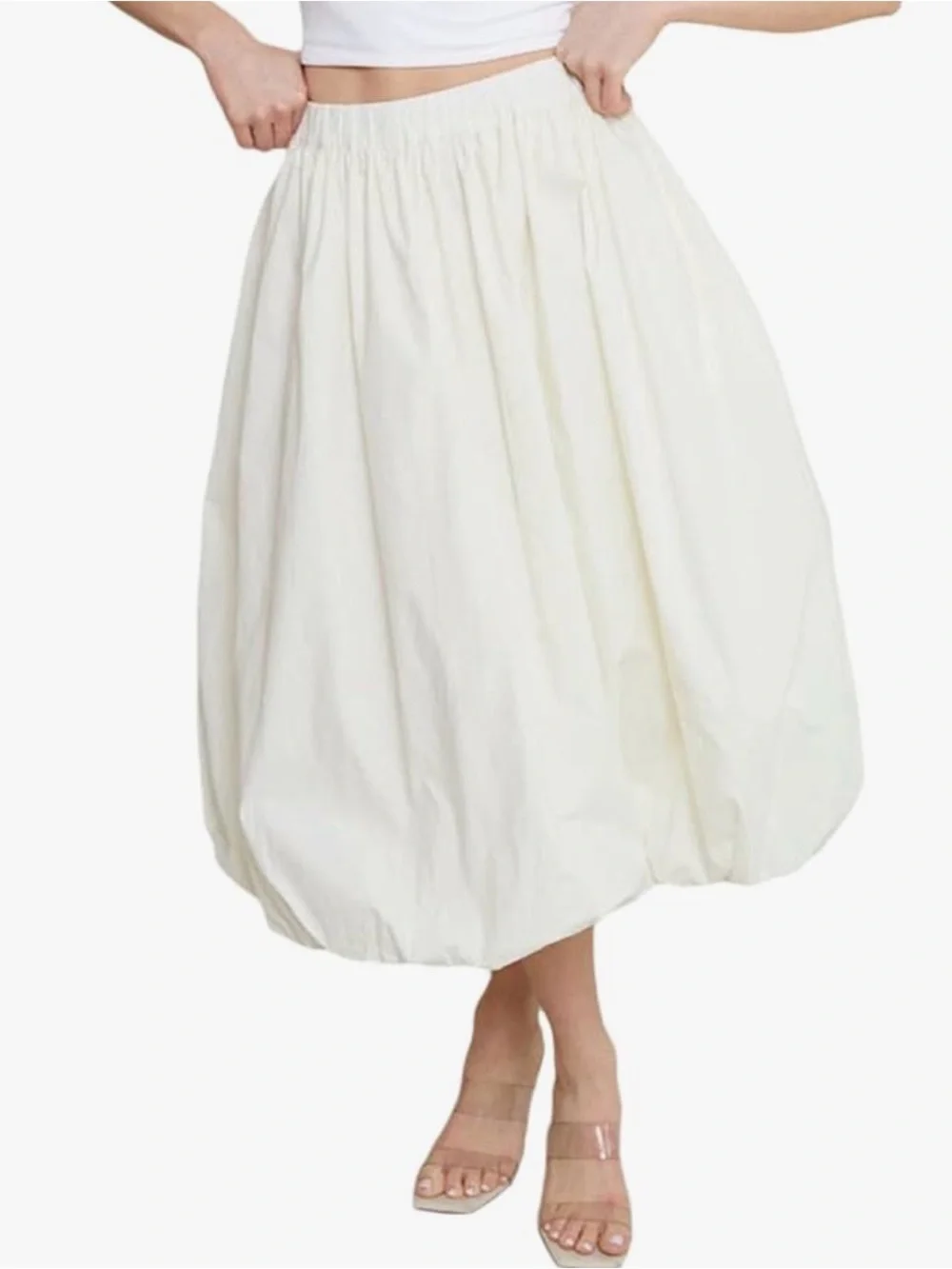 Women's Cream Bubble Midi Skirt with Elastic Waist